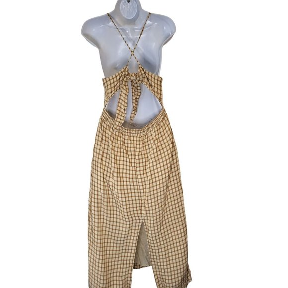 Zara Brown Plaid Linen Blend Midi Tie Back Open Back Dress, L - Picture 2 of 5